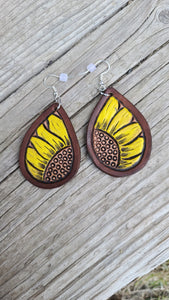 Sunflower leather tooled earrings